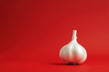 A single bulb of garlic sits isolated on red background