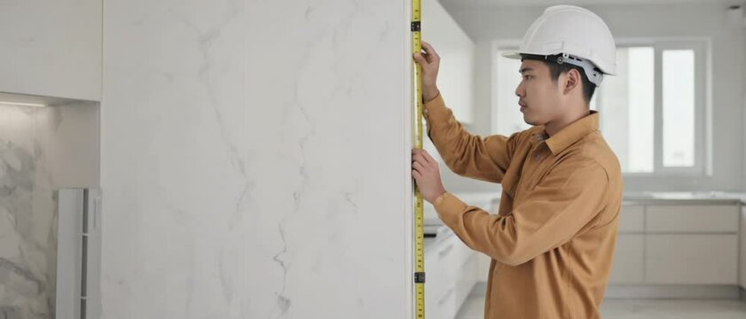 An Asian male construction worker in a white helmet carefully measures a marble wall in a modern kitchen interior. Concept of construction inspection, and home renovation planning.
