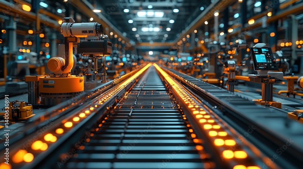 Poster automated production line featuring robotic arms and conveyance systems