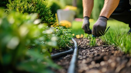 Landscaper installing a garden irrigation system. Featuring efficiency and sustainability