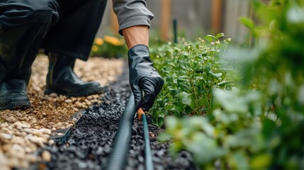 Landscaper installing a garden irrigation system. Featuring efficiency and sustainability