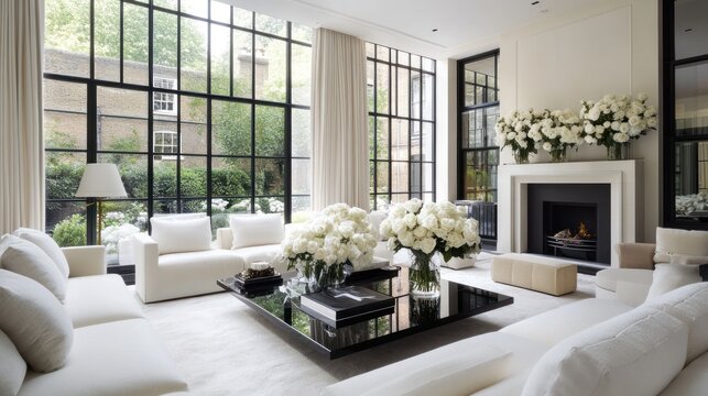 Luxurious London living room, garden view, white flowers, fireplace