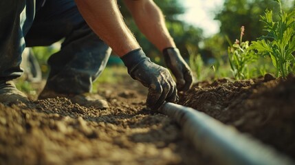 Landscaper installing an irrigation system in a garden. Featuring innovation and practicality