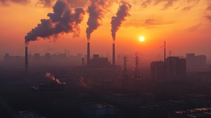 Obraz premium Smog Sunset: Industrial Pollution at Dawn