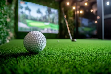 Golf simulator room with a white golf ball on the artificial turf