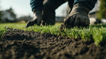 Landscaper laying sod in a newly developed residential area. Featuring growth and transformation