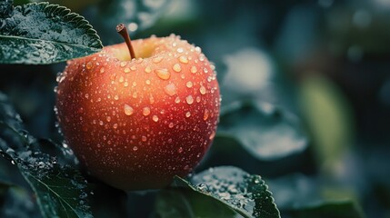 Juicy Red Apple on a Rainy Day