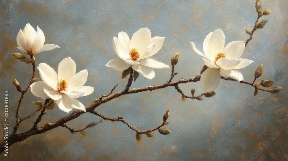 Aufkleber refined magnolia blossoms on a weathered branch artistic rendering with serene background for tranqu