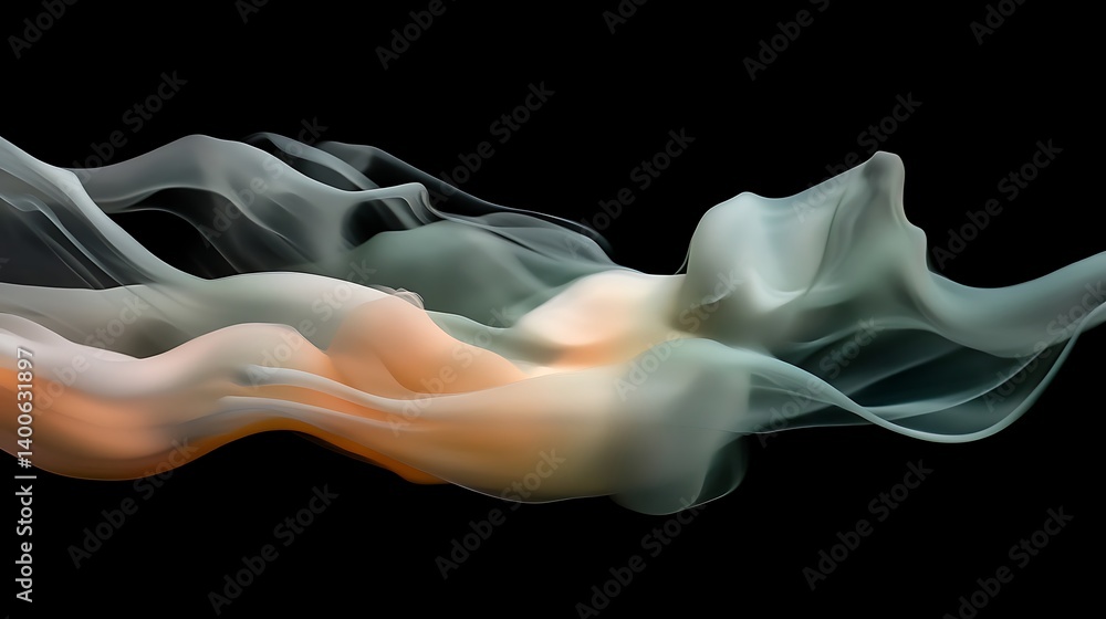 Poster a flowing abstract composition of colorful fabric-like waves in shades of gray, soft peach, and warm