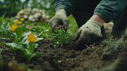 Fototapeta premium Landscaper planting flowers in a garden bed. Featuring care and precision