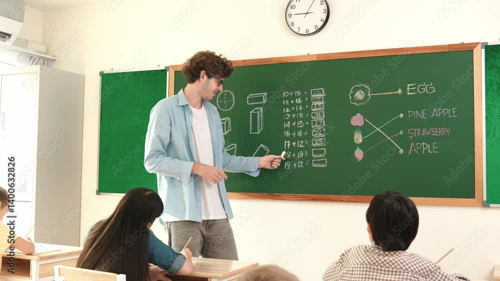 Poster caucasian teacher talking and explain about math theory at classroom while looking at student. smart