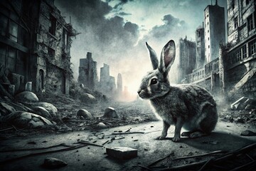 Black and White Young Rabbit Urban Exploration Photography - Abandoned Building