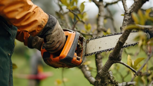 Landscaper trimming tree branches with a chainsaw. Featuring strength and precision