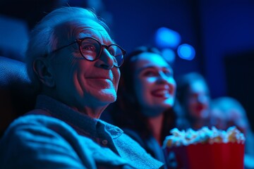 A smiling man with popcorn watches a movie with friends, bathed in blue light.