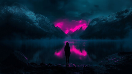 Mysterious Dark Lake with Neon Pink Glow and Silhouette of Lone Figure Amidst Mountains.