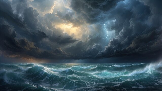 "Fiery Clouds and a Stormy Sky Above the Dark Ocean"