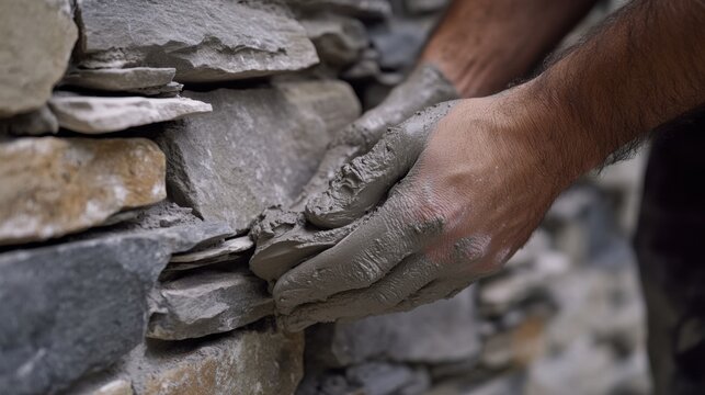 Mason applying mortar to a stone wall. Featuring craftsmanship and focus