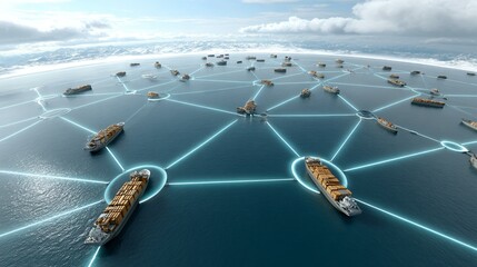 Cargo network concept with holographic line overlays overlaid on realistic maritime shipping operation