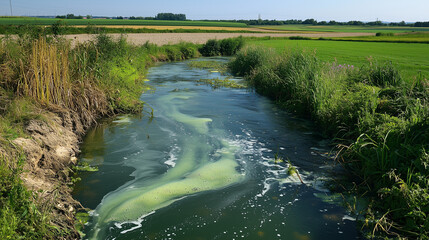 Polluted River with Algae Bloom from Agricultural Runoff