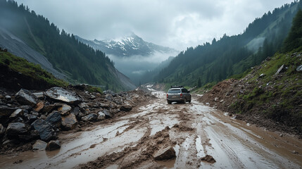Off-Road Adventure – 4x4 SUV Driving Through Muddy Mountain Pass