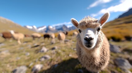 Obraz premium Curious sheep in mountain meadow