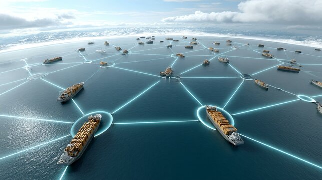 Cargo network concept with holographic line overlays overlaid on realistic maritime shipping operation
