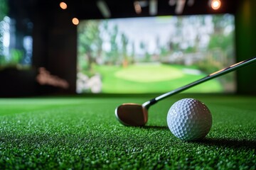 Golf simulator with club and ball on artificial turf. Interactive gaming experience