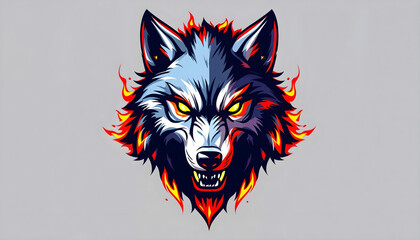 an illustration of a wolf head esports logo with fire and flames