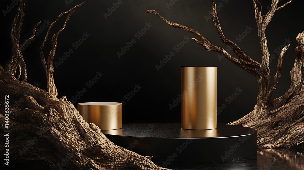 Poster Golden cylindrical objects on a dark stage surrounded by textured organic elements and shapes, creating a sophisticated and elegant atmosphere