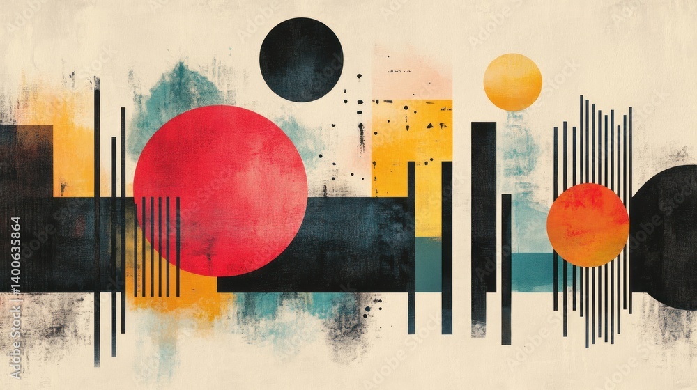 Poster a captivating exploration of abstract forms where vibrant circles and bold lines converge creating a