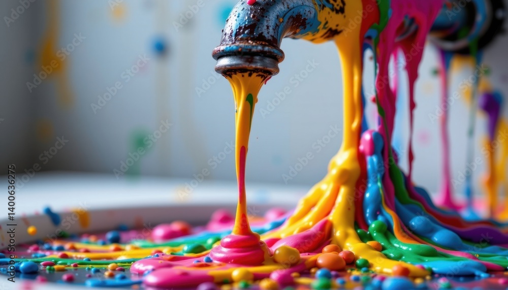 Poster a striking image of a faucet pouring colorful paint, with the drips creating a vibrant heap of color