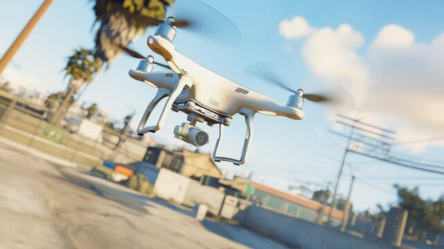 Drone in flight over urban landscape