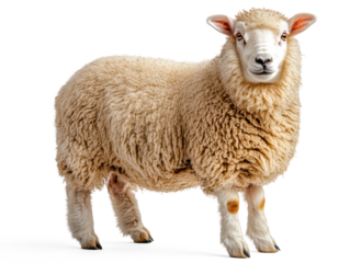 A high-resolution studio photograph full body shot of a Romney sheep are standing on a pure white background,
