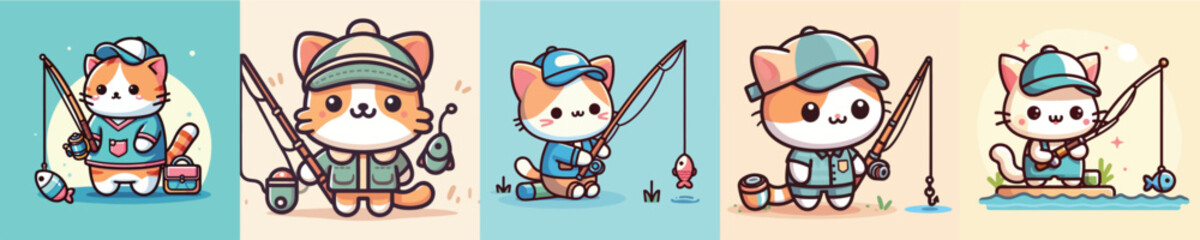 collection of cute vectors of cats in fishing clothes while fishing
