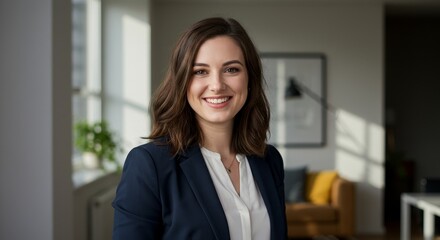 Portrait of a Young Smiling Businesswoman - Successful, confident, professional, happy, ambitious young woman in a modern office setting. Symbolizing career success, positive attitude, leadership