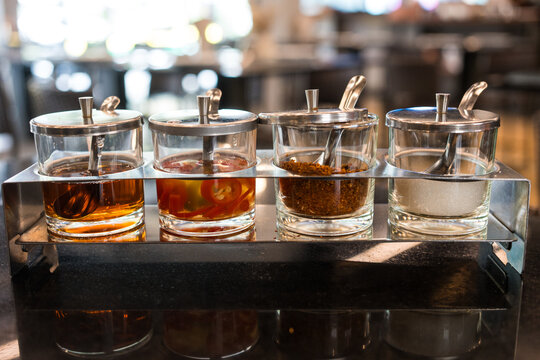 Thai condiment for noodle seasoning set. Thai style condiments