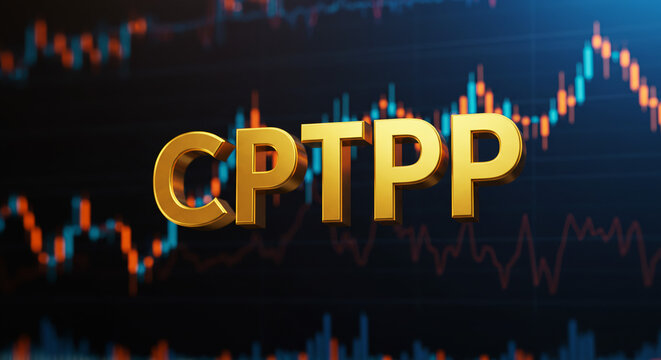 CPTPP Agreement Golden 3D Text on Stock Market Chart Background