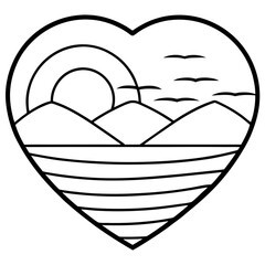 Heart-Shaped Lake at Sunset - Minimal Line Art
