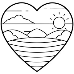 Heart-Shaped Lake at Sunset - Minimal Line Art