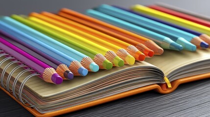 Fototapeta premium Several colorful pencils spread across a notebook - design craft detail backdrop