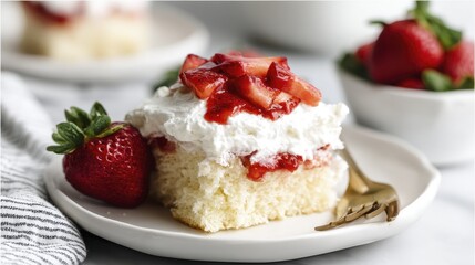 Strawberry shortcake, layered with fluffy whipped cream and juicy berries, a classic dessert - treat angle sweet overhead