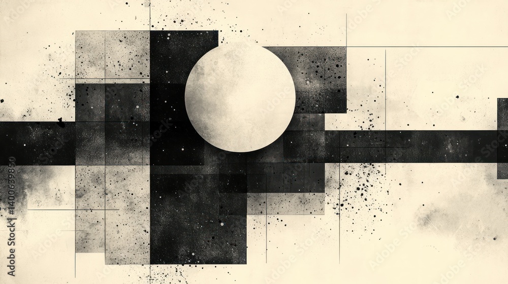 Poster abstract geometric composition with a circle black rectangular shapes and splatters reminiscent of m