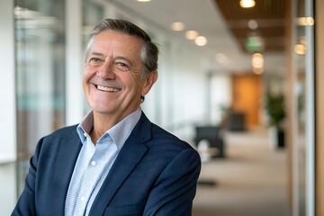 Smiling mature 50 years old business owner, company manager, smiling senior ceo executive, older corporate leader at work. Happy professional business man of middle age standing in office. Portrait