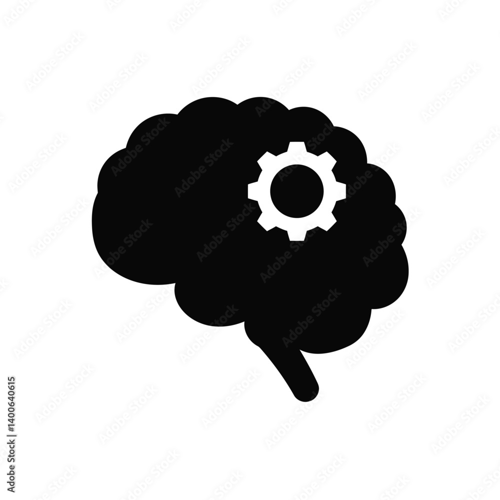 Poster brain with gear symbolizes thinking process problem solving and cognitive functions