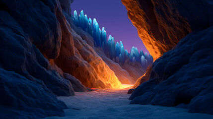Fototapeta premium Canyon with glowing orange and blue crystal formations