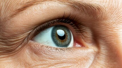Macro close up of open female eye showing wrinkles and crow's feet surrounding eyelid, highlighting aging process and potential vision problems