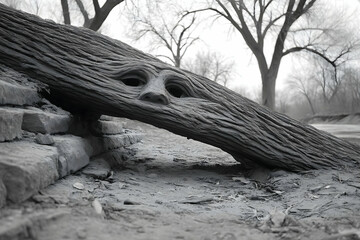 Carved log with face rests on riverbank, monochrome