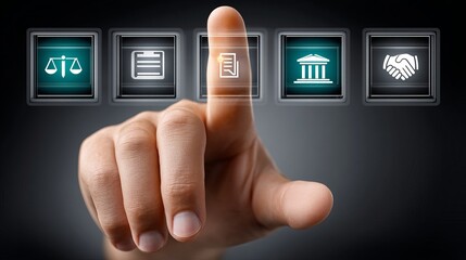 A close-up of a hand interacting with digital legal icons on a touchscreen, representing justice and documentation.
