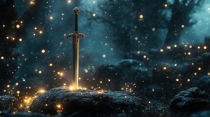 A gleaming sword resting on a stone with sparkling lights in a mystical setting at night
