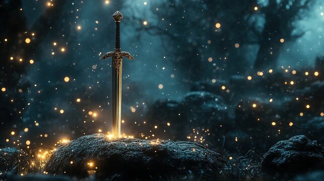 A gleaming sword resting on a stone with sparkling lights in a mystical setting at night
